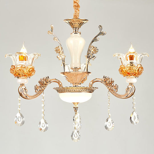 Gold Floral Glass Chandelier: Elegant Living Room Suspension Lamp 3 /