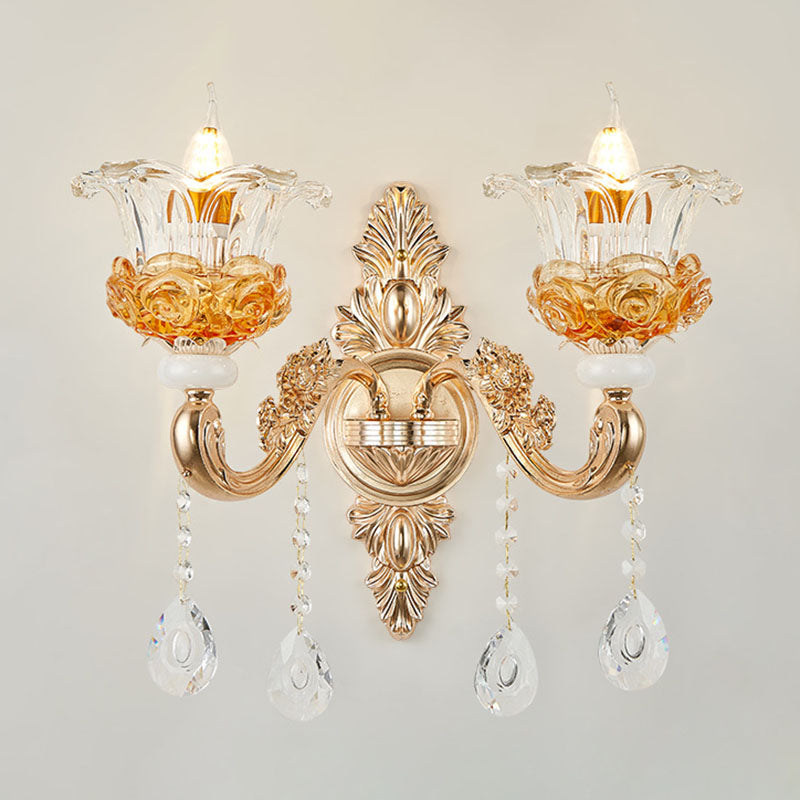 Floral Clear Glass Living Room Chandelier - Simple Gold Suspension Light Fixture 2 /