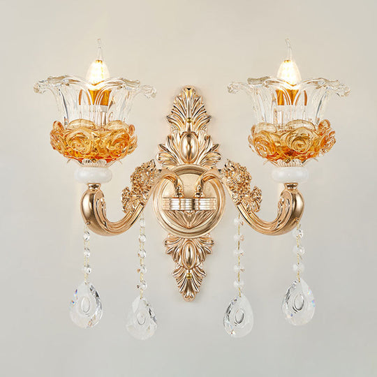 Floral Clear Glass Living Room Chandelier - Simple Gold Suspension Light Fixture 2 /