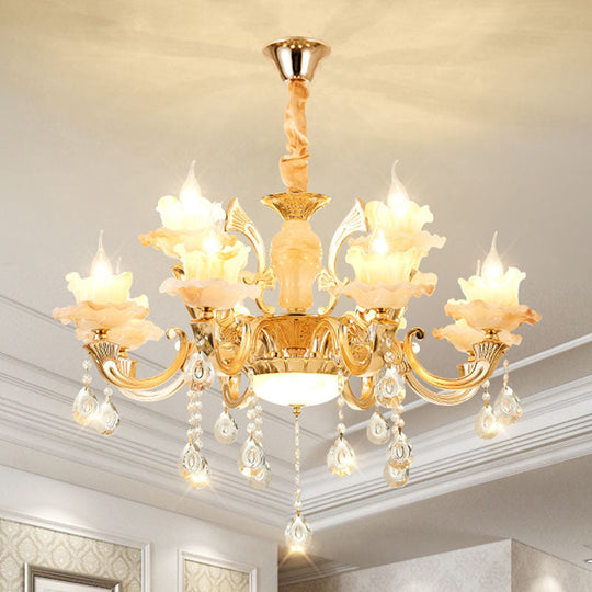 Minimalist Gold Chandelier With Blossom Jade Crystal Draping And Hanging Lamp Kit 12 / A