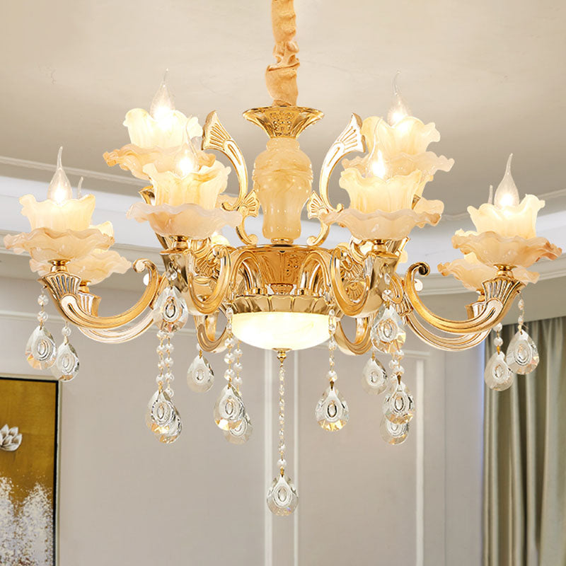 Minimalist Gold Chandelier With Blossom Jade Crystal Draping And Hanging Lamp Kit
