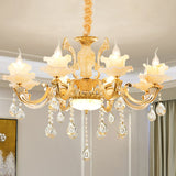 Minimalist Gold Chandelier Light Fixture With Crystal Draping And Jade Blossom Accents 8 / A