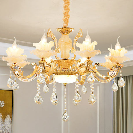 Minimalist Gold Chandelier Light Fixture With Crystal Draping And Jade Blossom Accents 8 / A