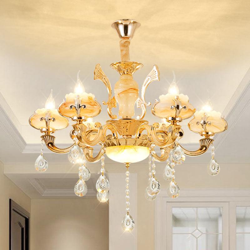 Minimalist Gold Chandelier With Blossom Jade Crystal Draping And Hanging Lamp Kit