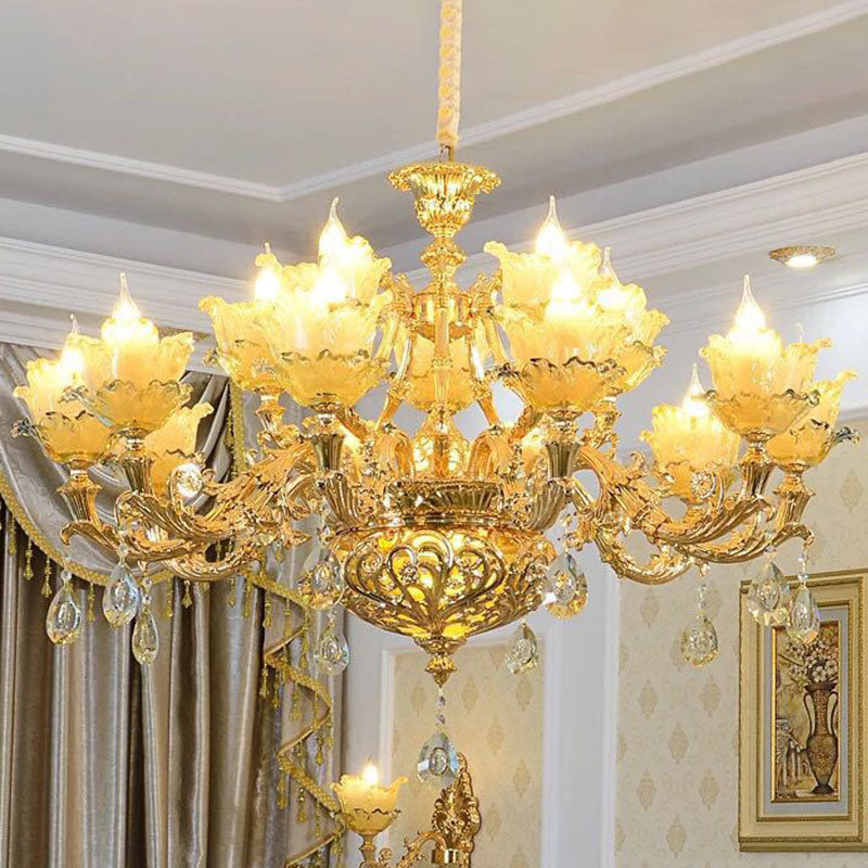 Modern Amber Glass Hanging Chandelier - Gold Living Room Pendant Light 15 /