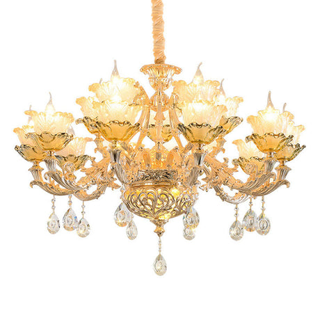 Modern Amber Glass Hanging Chandelier - Gold Living Room Pendant Light