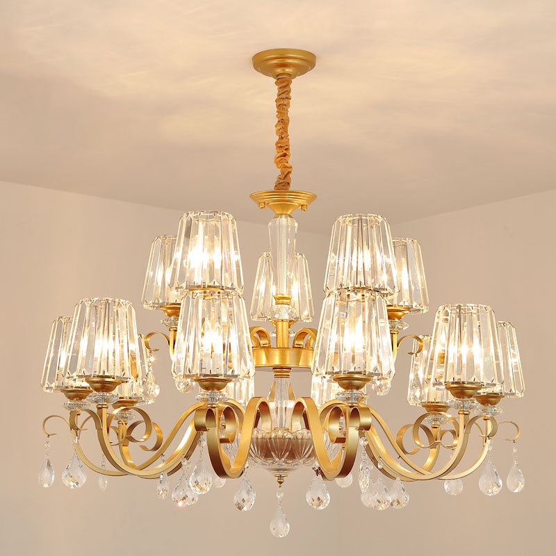 Simplicity Gold Tapered Crystal Hanging Light Kit - Elegant Ceiling Chandelier With Scrolled Arm