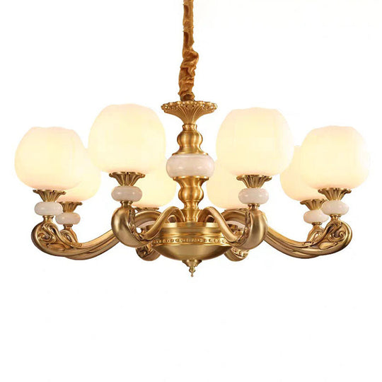Modern Opal Glass Bud Pendant Chandelier With Brass Suspension And Curved Arm