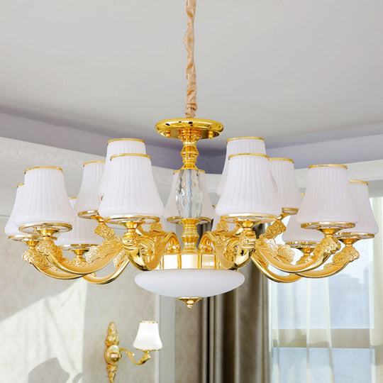 Contemporary Gold Chandelier With White Ribbed Glass Cone Ceiling Lamp