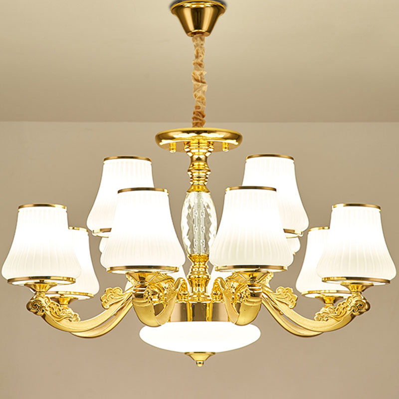 Contemporary Gold Chandelier With White Ribbed Glass Cone Ceiling Lamp 12 /
