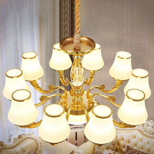 Contemporary Gold Chandelier With White Ribbed Glass Cone Ceiling Lamp