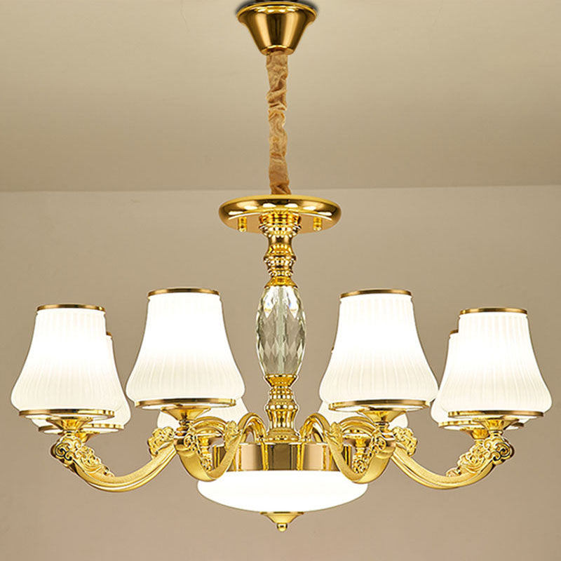 Contemporary Gold Chandelier With White Ribbed Glass Cone Ceiling Lamp 8 /
