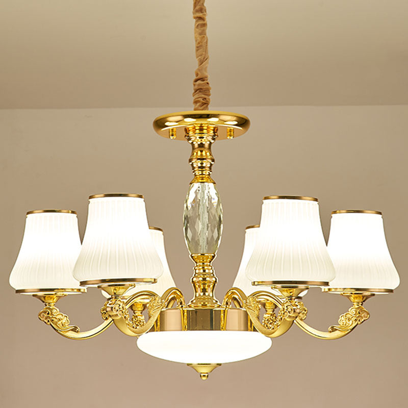 Contemporary Gold Chandelier With White Ribbed Glass Cone Ceiling Lamp 6 /