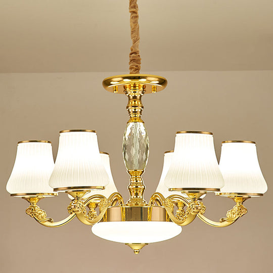 Contemporary Gold Chandelier With White Ribbed Glass Cone Ceiling Lamp 6 /
