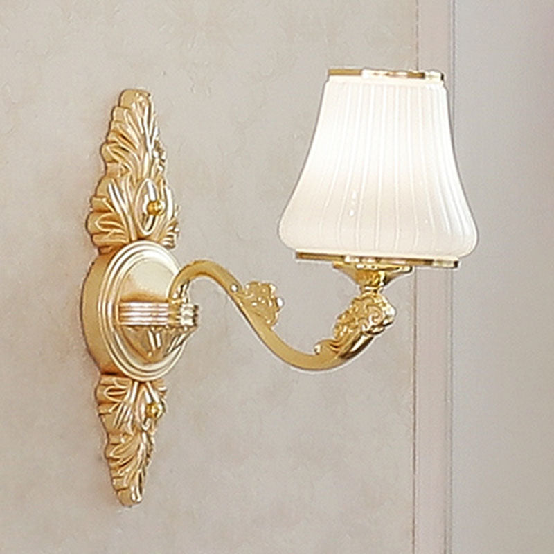 Contemporary Gold Chandelier With White Ribbed Glass Cone Ceiling Lamp 1 /