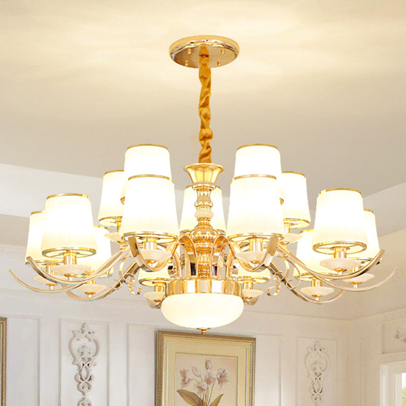 Modern White Glass And Gold Pendant Chandelier With Curved Arm - Barrel Shade Design 12 /