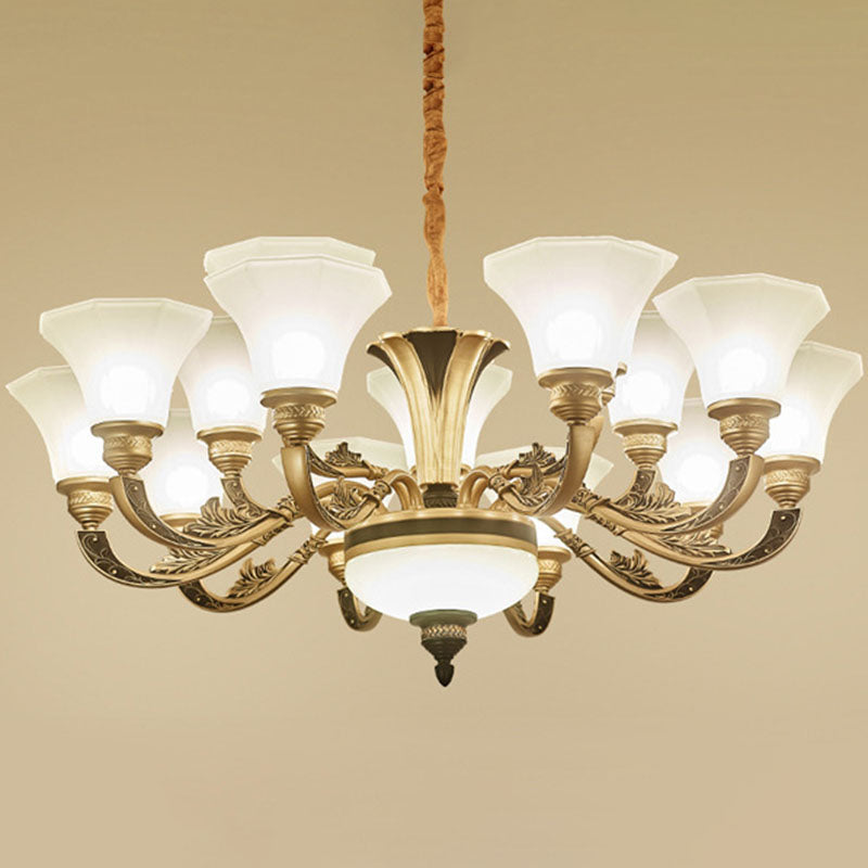 Modern Gold Panel Bell Pendant Chandelier With Opaline Frosted Glass Shade