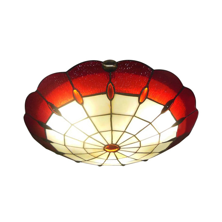Tiffany Style Bedroom Ceiling Light 12/16/19.5 W Dome Shade Flush Mount With Red Jewel Decoration