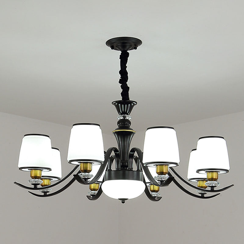 Modern Opal Glass Drum Pendant Chandelier For Living Room In Black 8 /