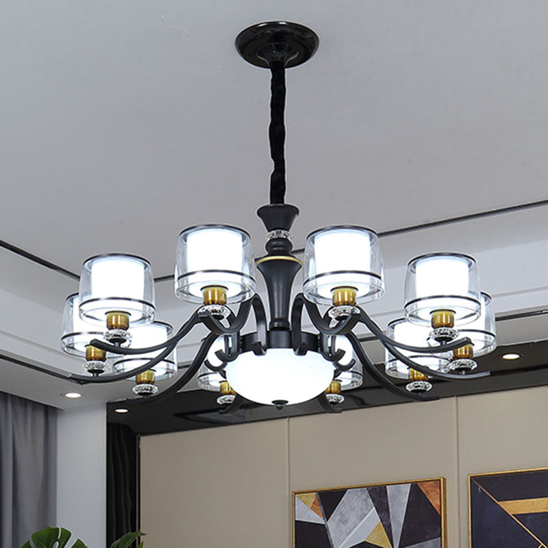 Modern Dual Cylinder Pendant Chandelier With Clear And White Glass For Living Room