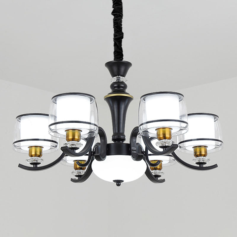 Modern Dual Cylinder Pendant Chandelier With Clear And White Glass For Living Room 6 / Black