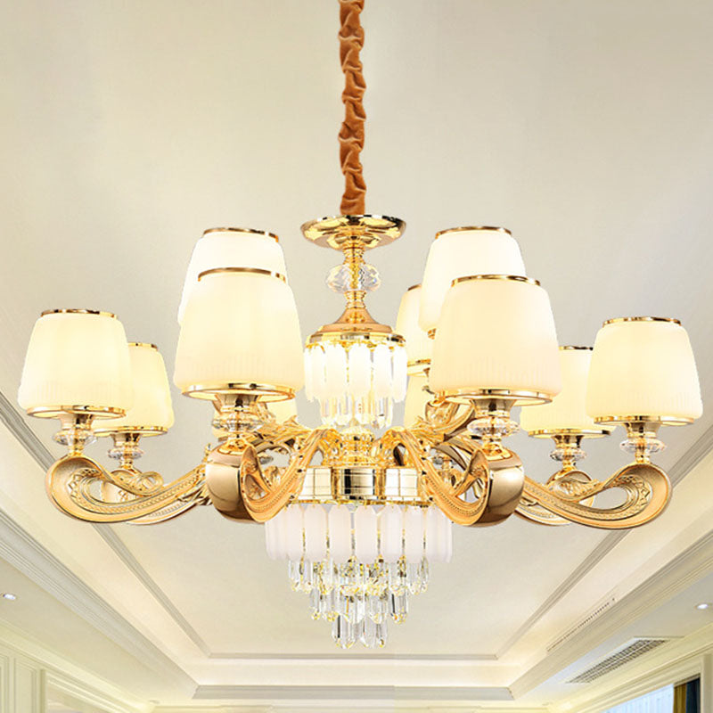 Modernist White Glass Suspension Pendant Light With Crystal Draping - Bucket Chandelier Lamp