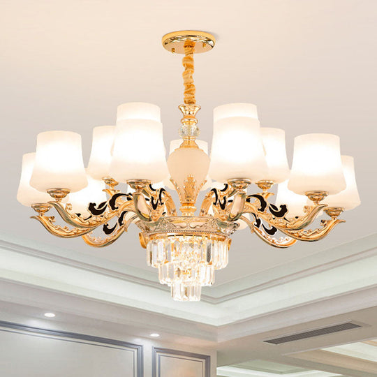 Gold Tapered Chandelier Lamp: Elegant Pendulum Light With White Frosted Glass Shade For Living Room