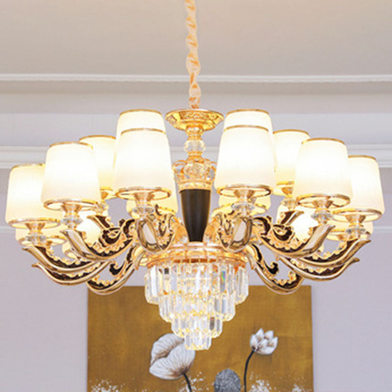 Modernist Opal Glass Gold Cone Chandelier With Crystal Accents - Stylish Pendulum Light 18 / White