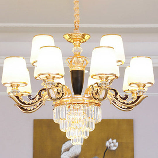 Modernist Opal Glass Gold Cone Chandelier With Crystal Accents - Stylish Pendulum Light 12 / White