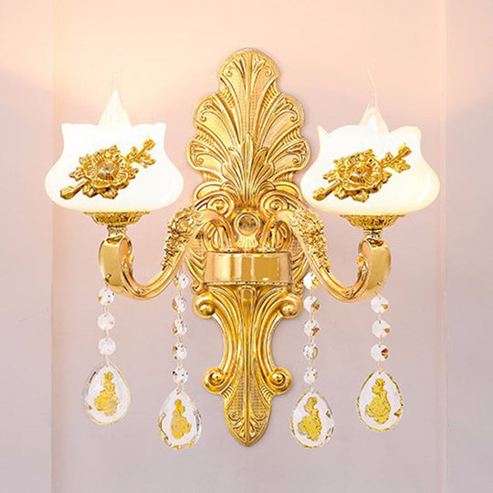 Modern Gold Crystal Droplet Glass Flower Wall Mount Sconce
