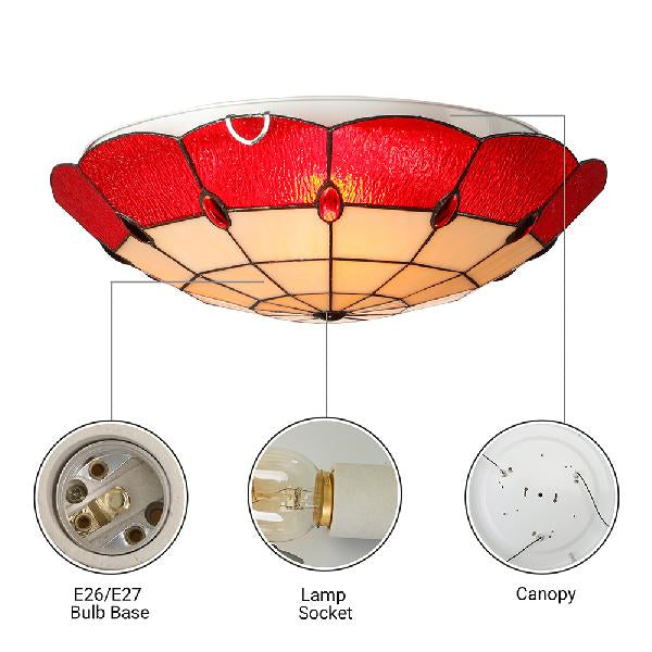Tiffany Style Bedroom Ceiling Light 12’/16’/19.5’ W Dome Shade Flush Mount With Red Jewel Decoration