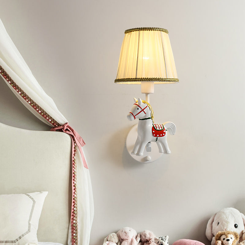 Cartoon White Wall Mount Light: Single-Bulb Bedroom Fixture With Conical Fabric Shade / B