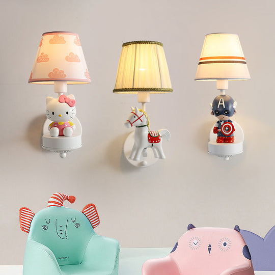 Cartoon White Wall Mount Light: Single-Bulb Bedroom Fixture With Conical Fabric Shade