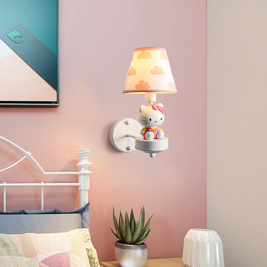 Cartoon White Wall Mount Light: Single-Bulb Bedroom Fixture With Conical Fabric Shade