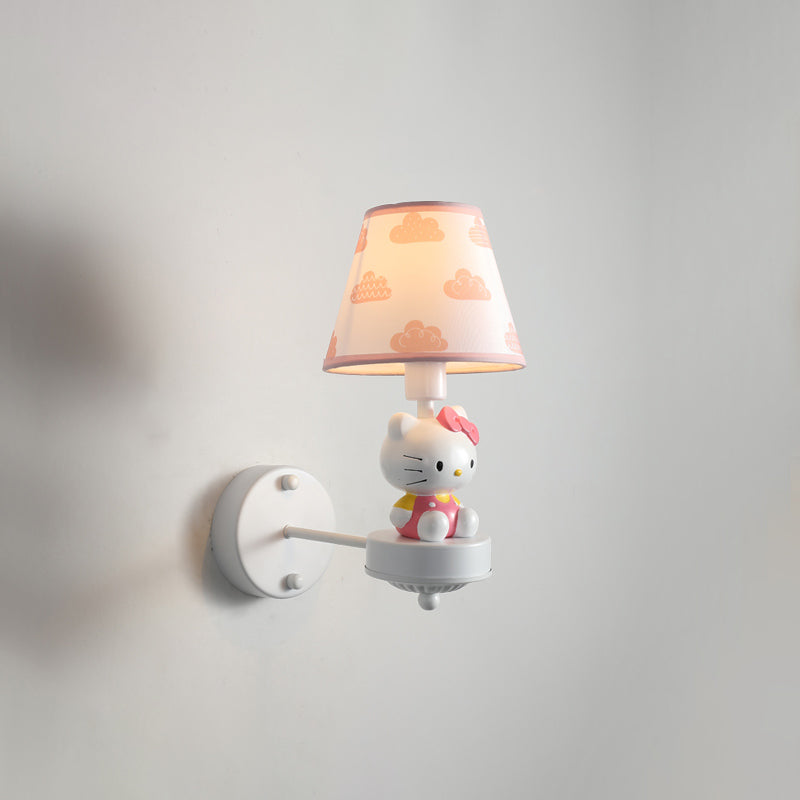 Cartoon White Wall Mount Light: Single-Bulb Bedroom Fixture With Conical Fabric Shade