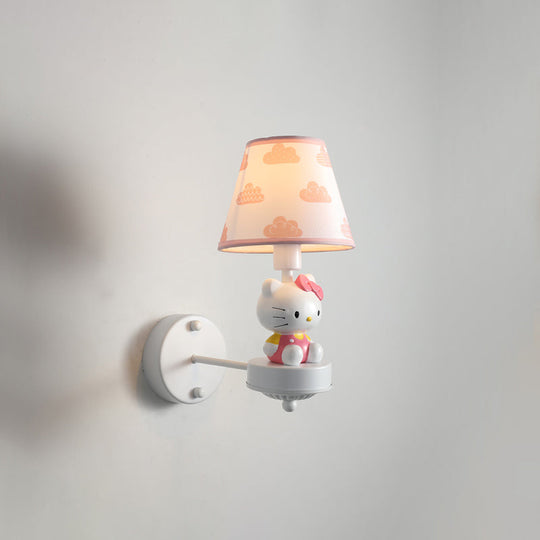 Cartoon White Wall Mount Light: Single-Bulb Bedroom Fixture With Conical Fabric Shade