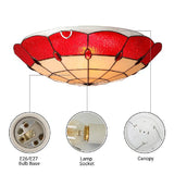 Tiffany Style Bedroom Ceiling Light 12/16/19.5 W Dome Shade Flush Mount With Red Jewel Decoration