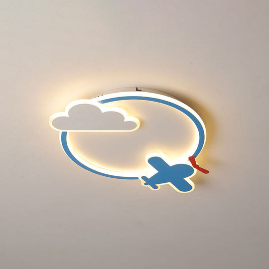 Blue & White Nursery Flush Mount Light - Metal Led Ceiling Fixture For Kids’ Room