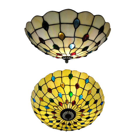Tiffany 3-Light Beige Flush Mount Ceiling Light For Bedroom With Colorful Jewel And Floral Shade