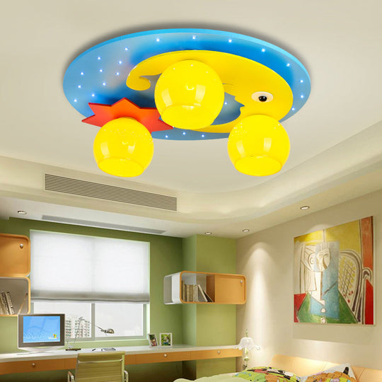 Blue Led Cartoon Ceiling Lamp For Child’s Bedroom - Wood Night View Flush Mount Light