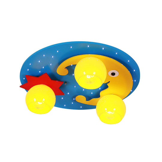 Blue Led Cartoon Ceiling Lamp For Child’s Bedroom - Wood Night View Flush Mount Light
