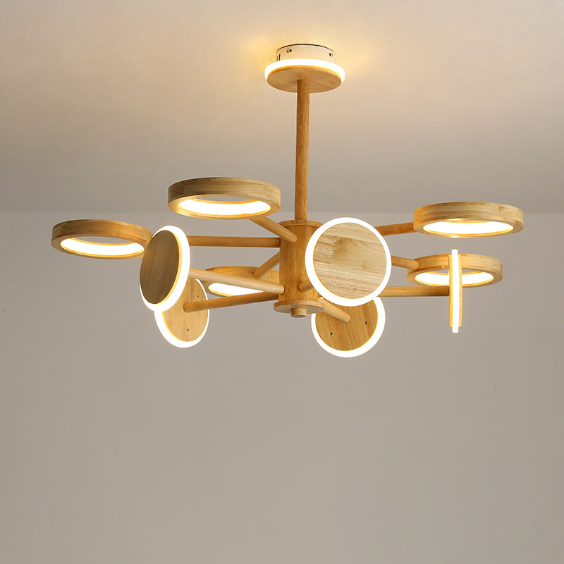 Japanese Radial Wooden Chandelier With Led Lights For Living Room Décor