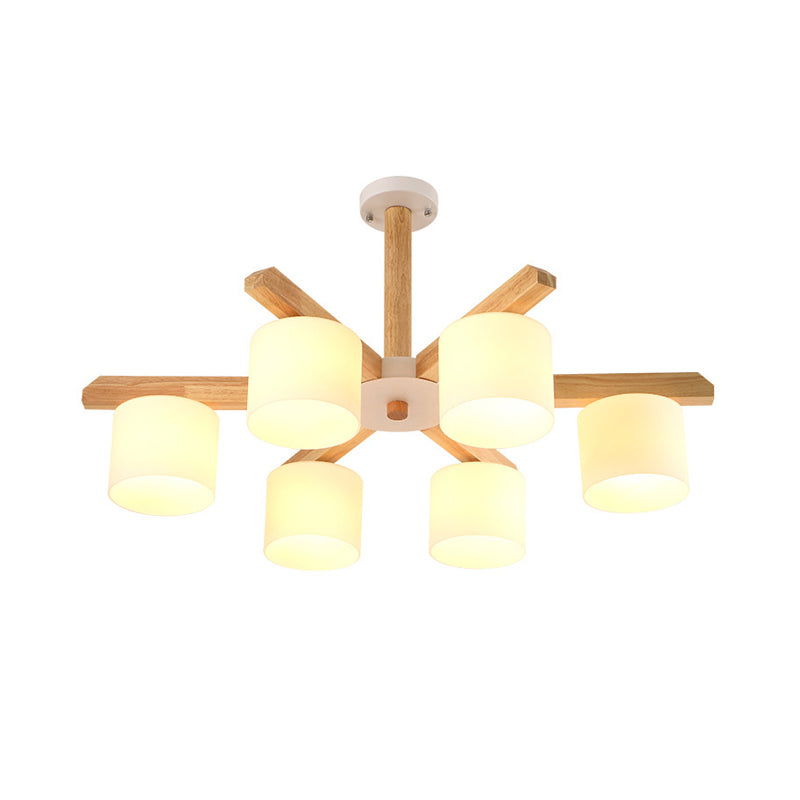 Contemporary Opal Glass Barrel Shade Led Wood Chandelier For Living Room