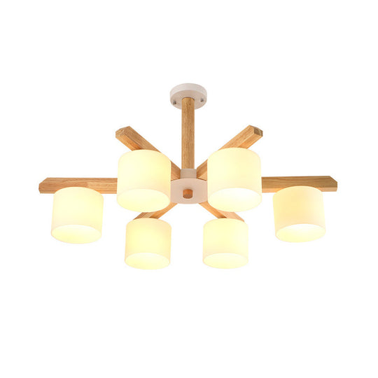 Contemporary Opal Glass Barrel Shade Led Wood Chandelier For Living Room