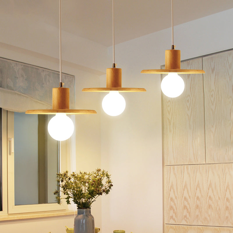 Modern Wooden Lid Shaped Chandelier With 3 Bulbs - Hanging Light For Dining Room