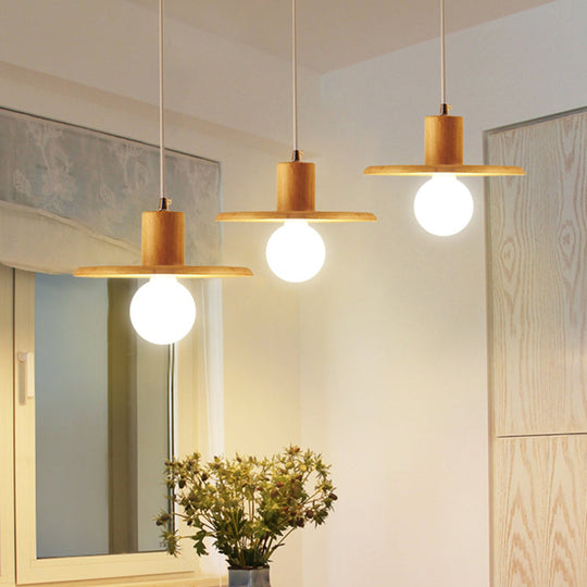 Modern Wooden Lid Shaped Chandelier With 3 Bulbs - Hanging Light For Dining Room