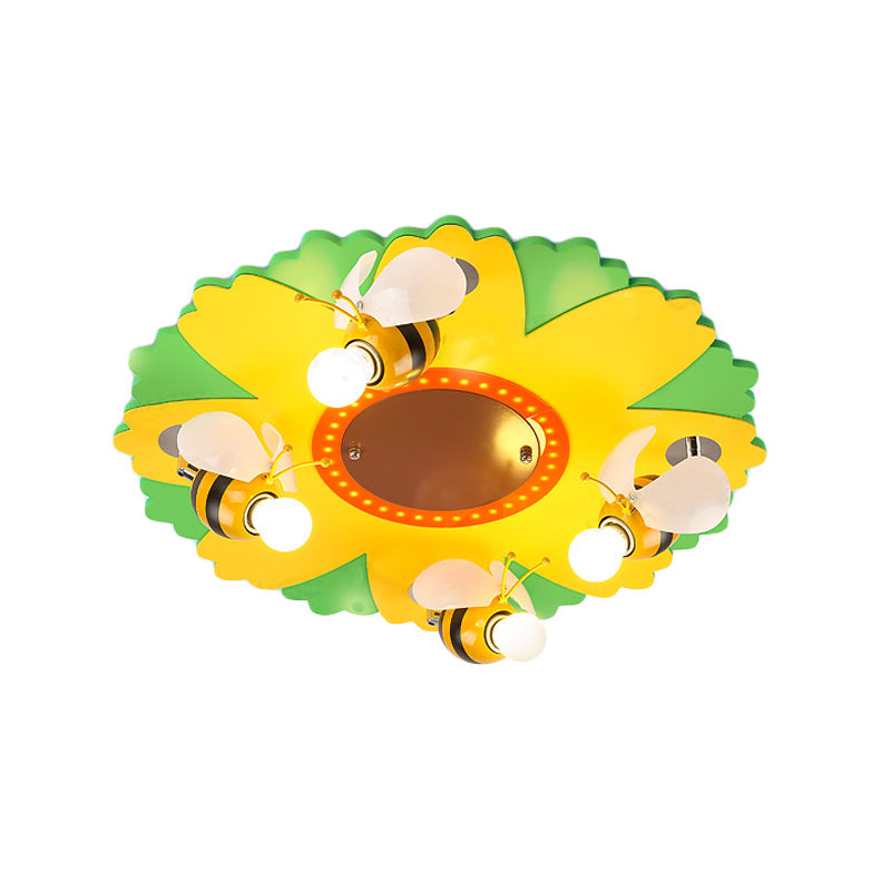 Cartoon Sunflower Ceiling Light With Bee Metal - 4 Bulbs Yellow Bedroom Lamp