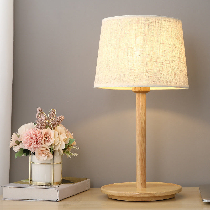 Modern Geometric Fabric Table Light With Single Wood Nightstand Base In Beige - Perfect For Bedroom