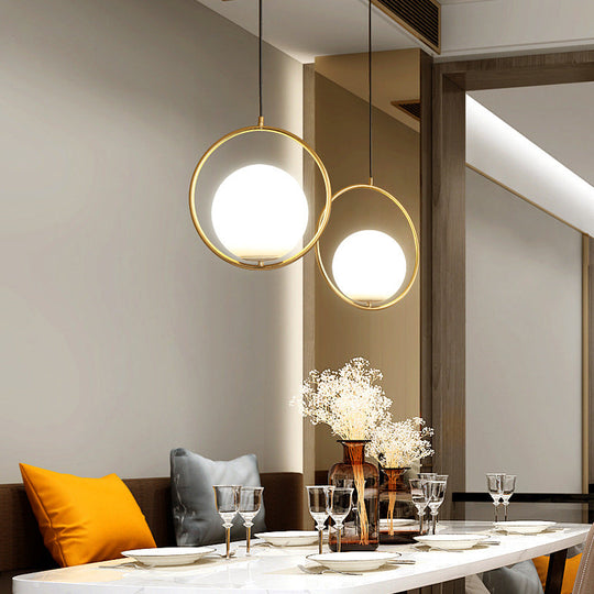 Contemporary Gold Sphere Drop Lamp: 1 Bulb Cream Glass Hanging Ceiling Light For Bedroom / Small A