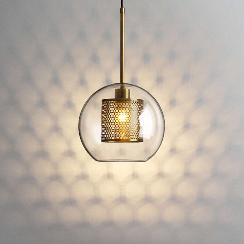 Modern Clear Glass Orb Pendant Light With Mesh Cage - 1 Head Hanging Ceiling Lighting